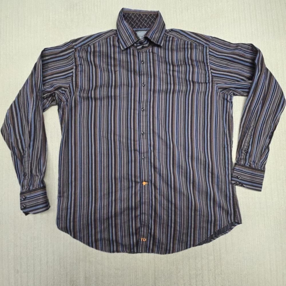 Thomas Dean Shirt Mens XL Brown Blue Striped Long Sleeve Woven Cotton Button-Up